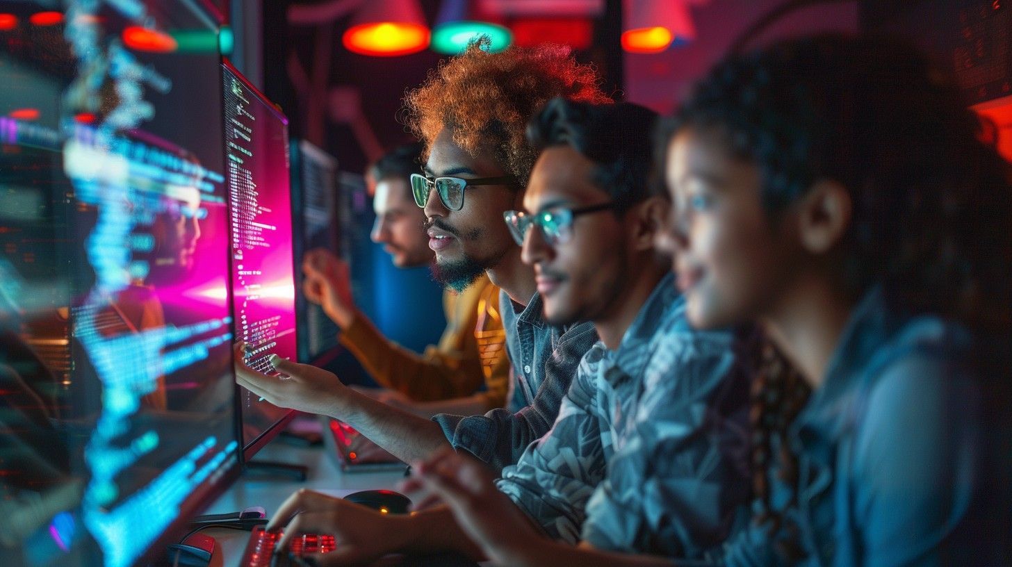 Three people working at computer terminals in a dimly lit office with glowing, colorful screen displays.