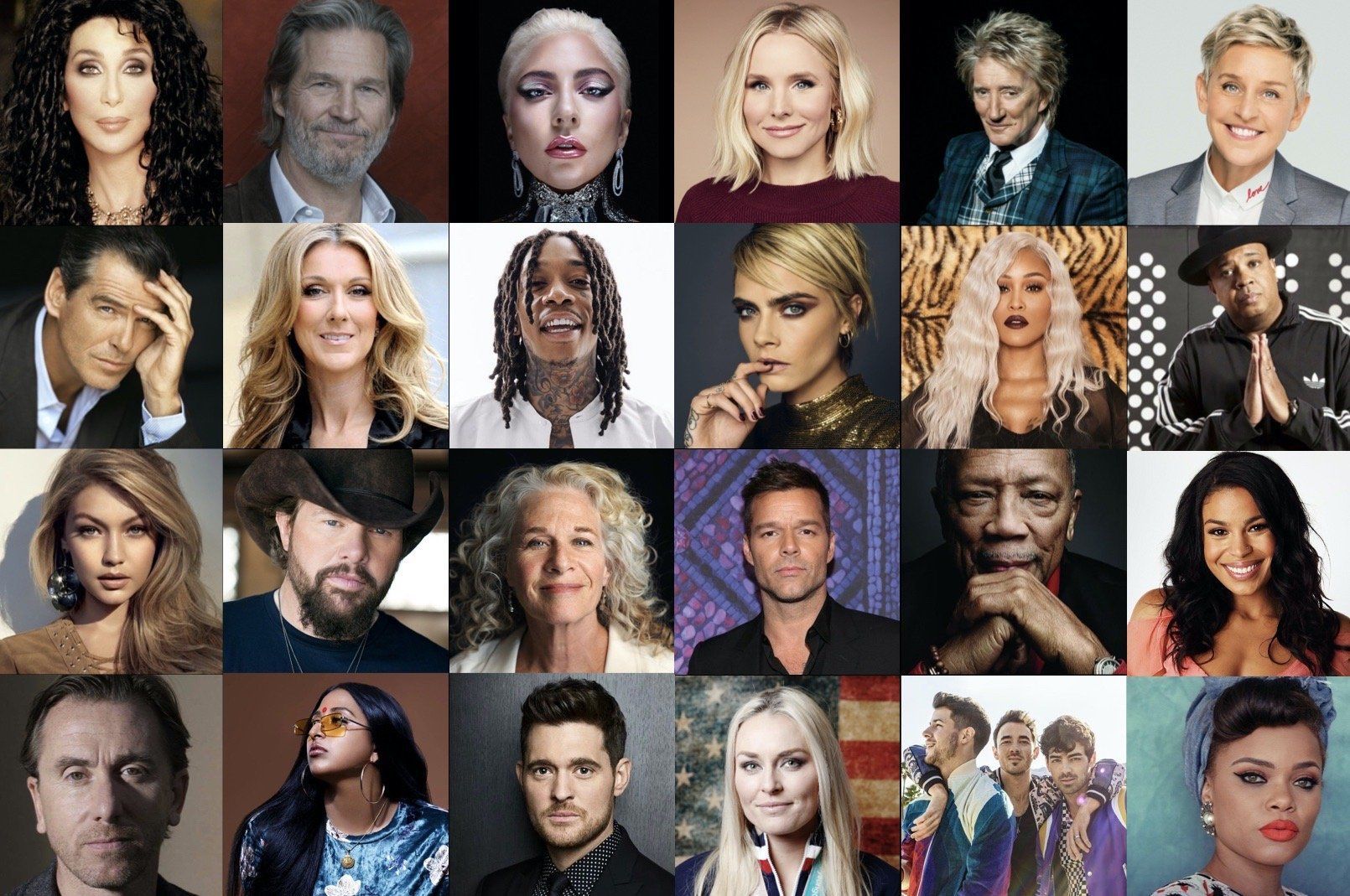 A collage of 24 headshots featuring various celebrities and public figures arranged in a 4x6 grid.