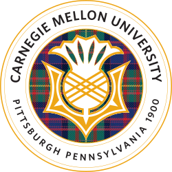 The official circular seal of Carnegie Mellon University featuring a golden thistle over a plaid background.
