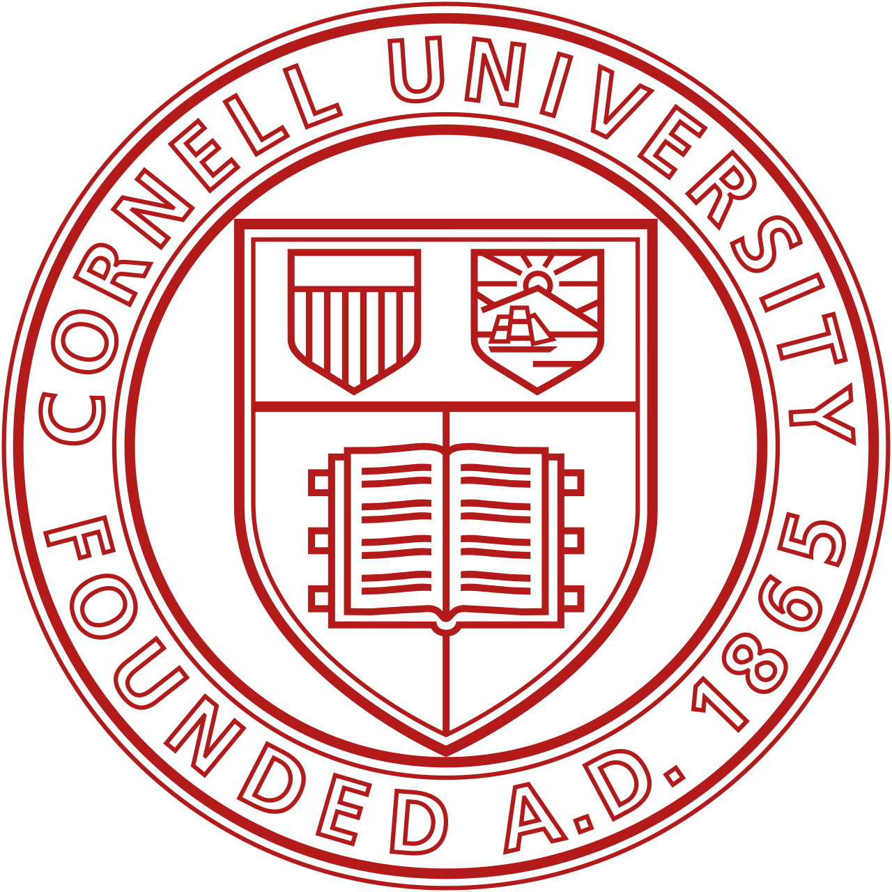 Cornell University seal featuring a shield with an open book and two smaller symbols, encircled by red text.