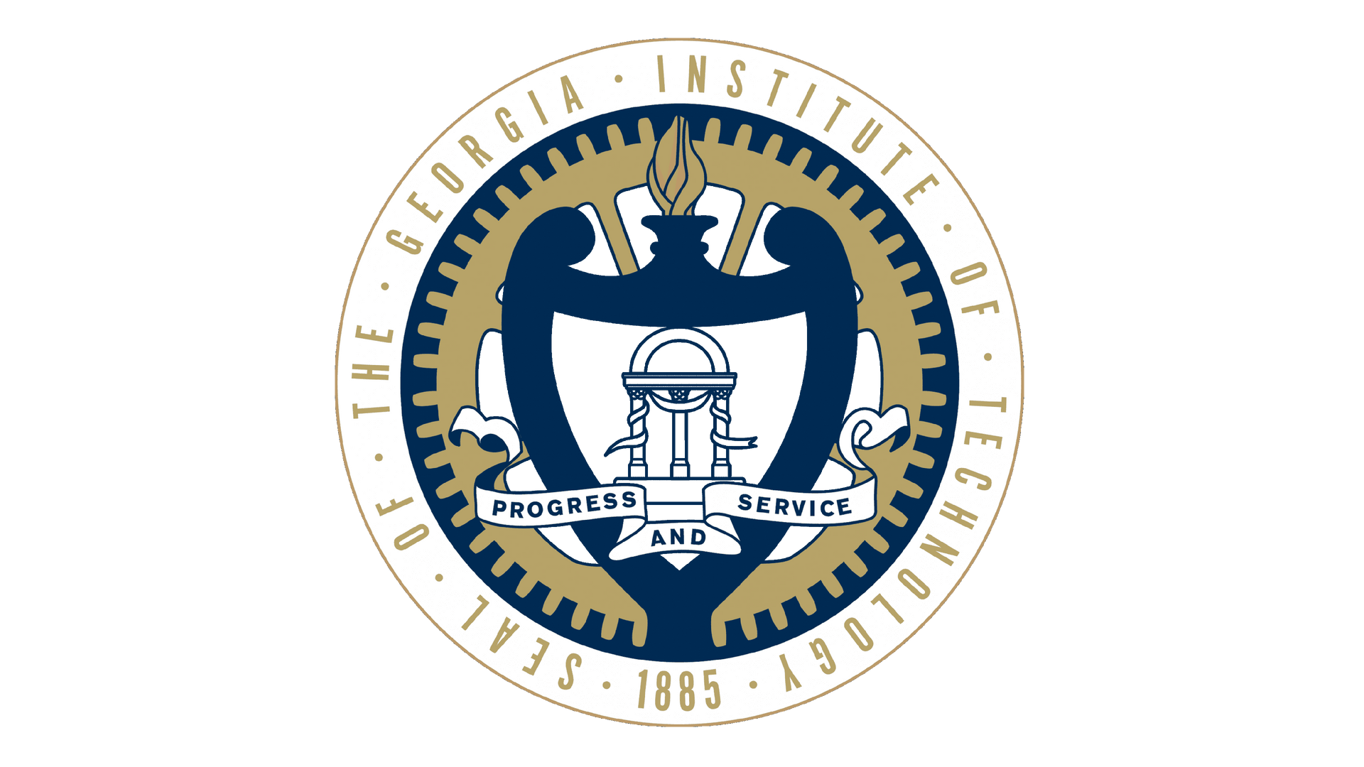 Official seal of the Georgia Institute of Technology, featuring a central pillar, flame, and gear in blue, gold, and white.