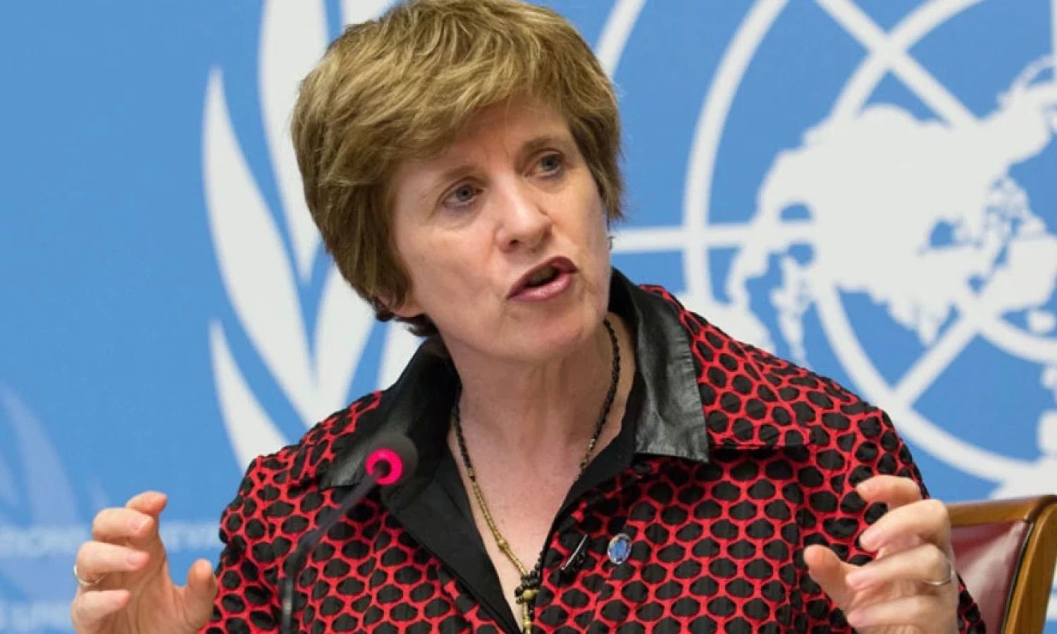 A person speaking at a podium against a United Nations backdrop, wearing a red and black patterned shirt.