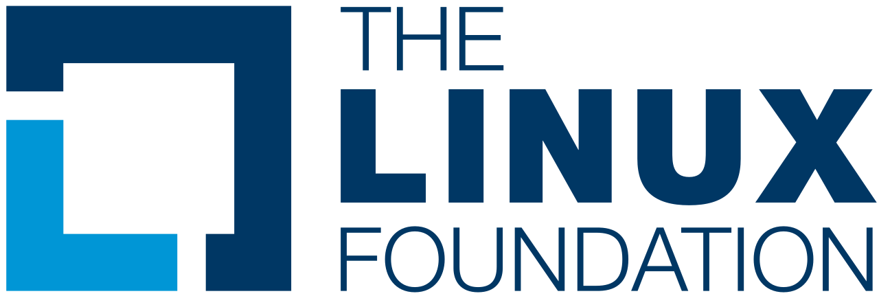 The Linux Foundation logo featuring a dark blue square frame with a light blue segment and the text to the right.