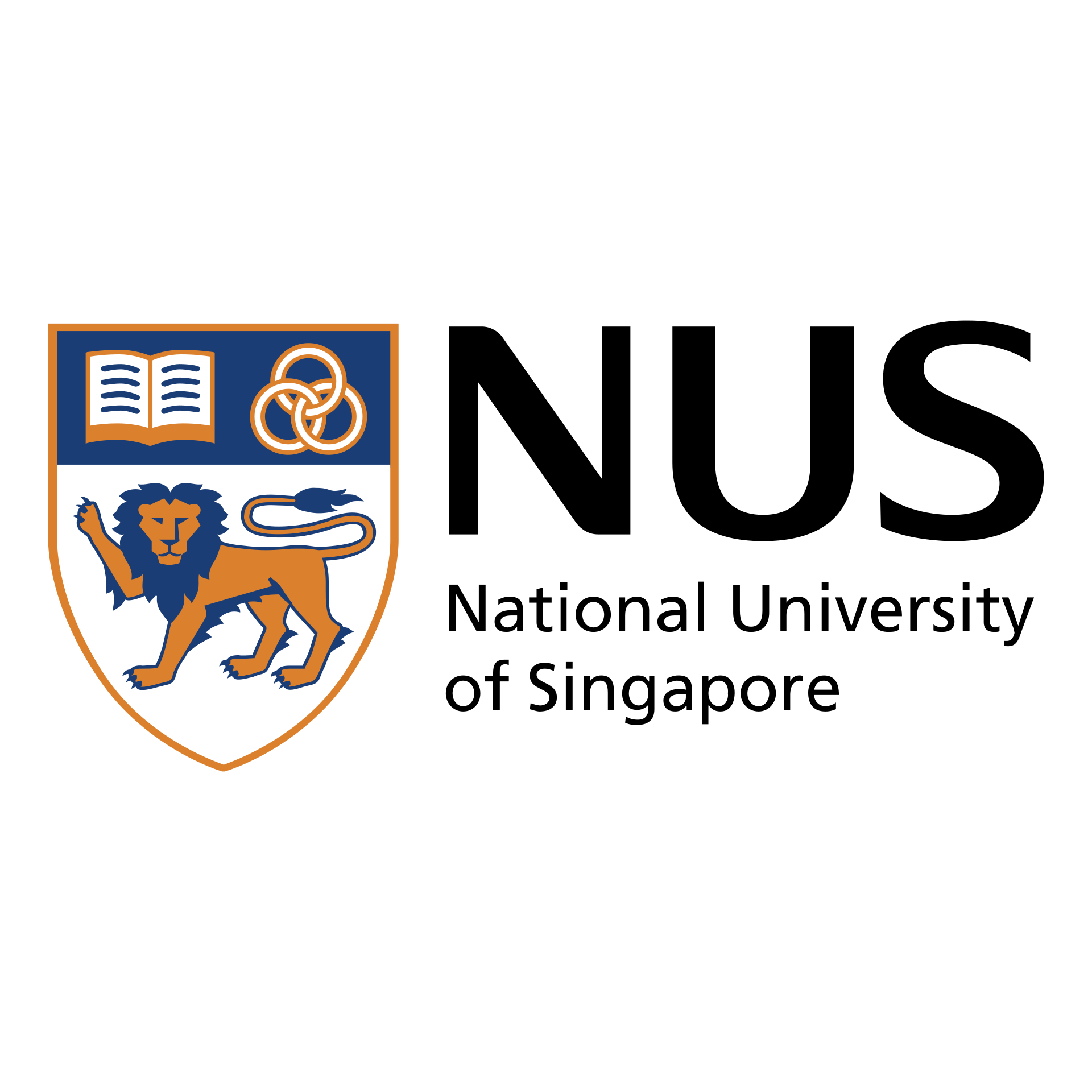 National University of Singapore logo featuring a shield with an open book, a knot, and a lion, with text next to it.