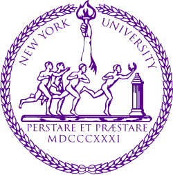 The New York University official seal, showing runners with a torch and the motto 