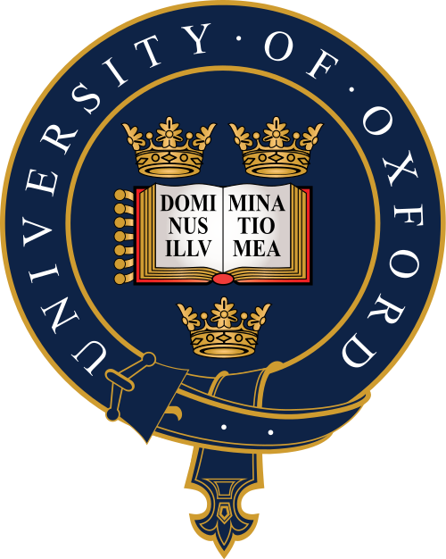 The circular blue seal of the University of Oxford, featuring three gold crowns and an open book with Latin text.