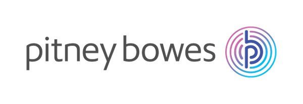 Pitney Bowes logo featuring the text in gray and a circular icon with a blue 