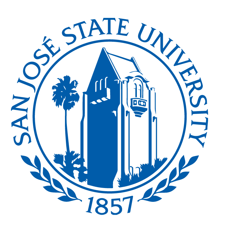 San José State University seal featuring the tower, palm trees, and the year 1857 in blue and white.