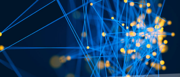 A digital network illustration with glowing yellow nodes connected by blue lines against a dark blue background.
