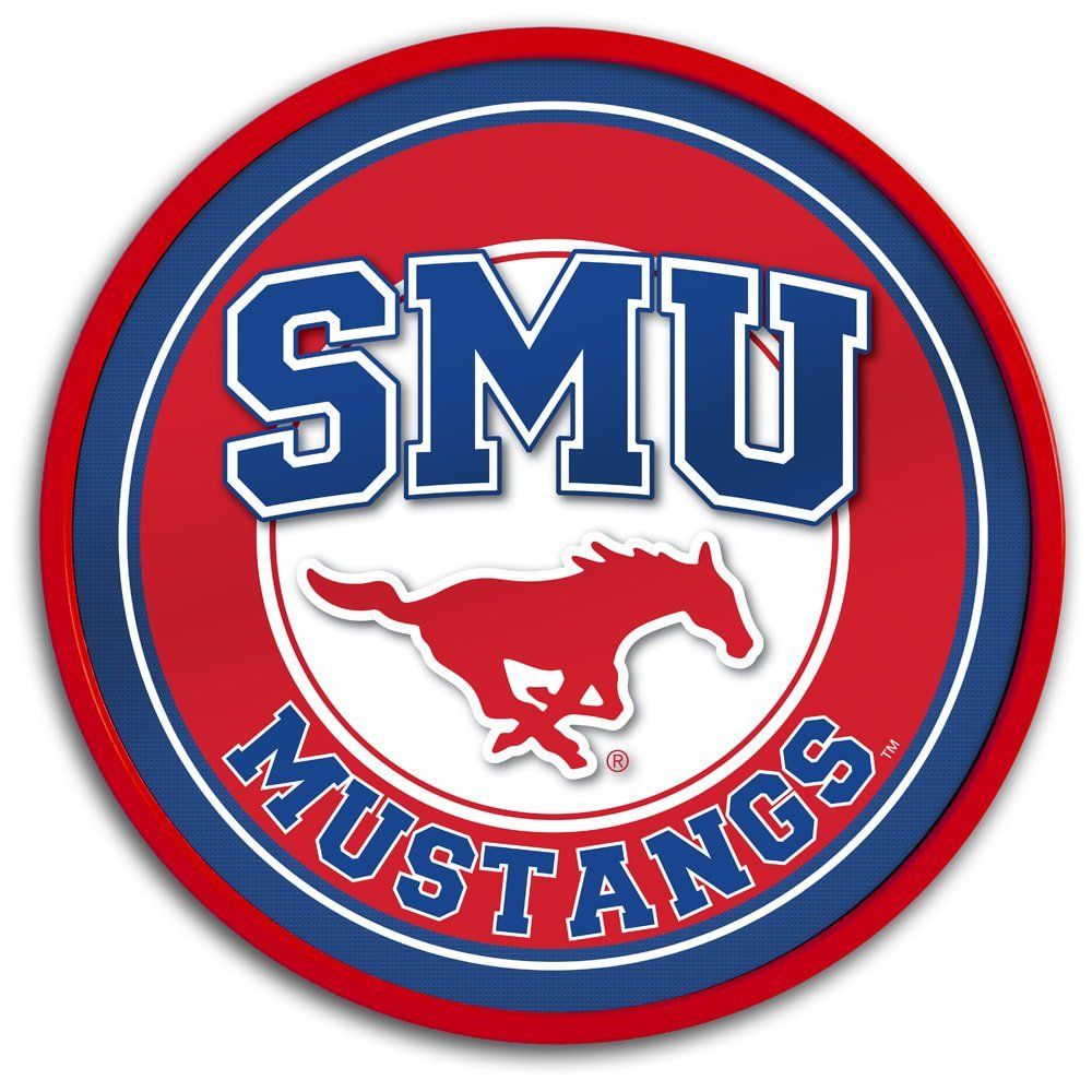 The SMU Mustangs logo: a red circular emblem with a blue border, featuring the text 
