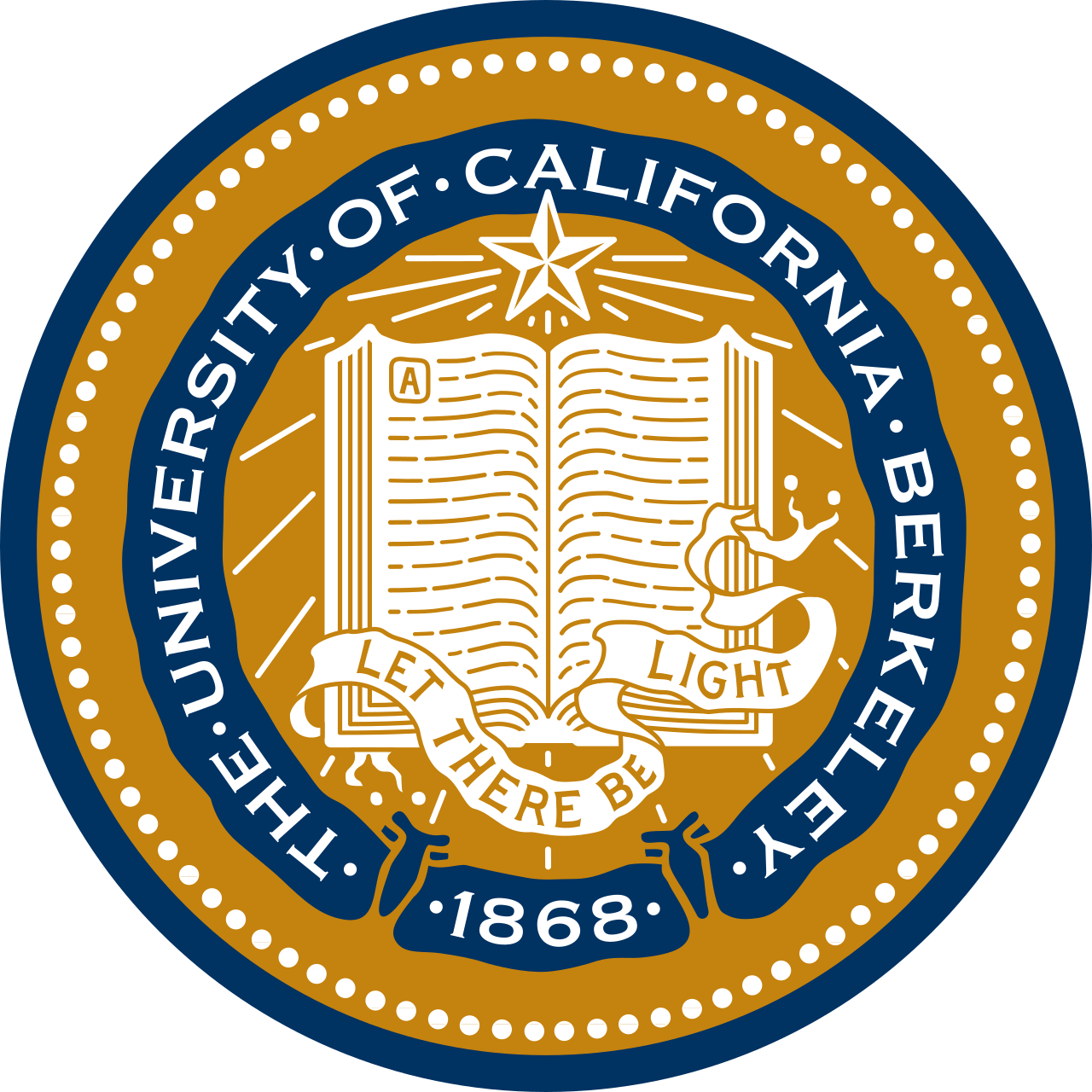 Circular seal of the University of California, Berkeley, featuring an open book, a star, and the motto 