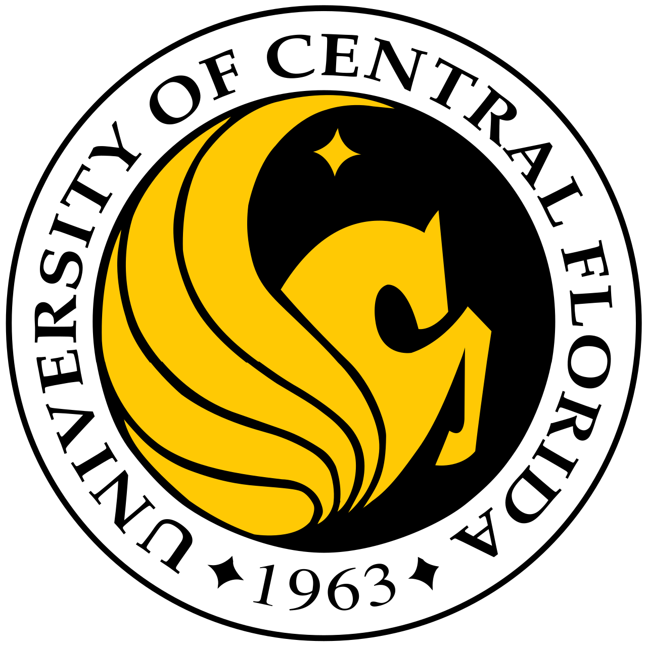 Official circular logo of the University of Central Florida, featuring a gold Pegasus icon on a black background.