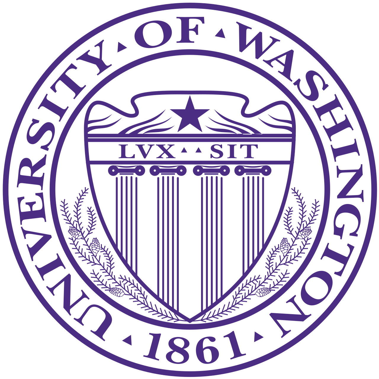 The purple official seal of the University of Washington featuring a shield, four columns, and the motto 