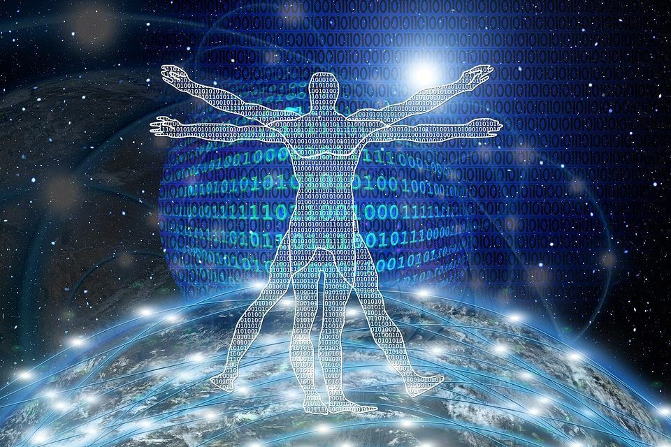 A digital wireframe human figure in a Vitruvian pose, layered with binary code, standing atop a glowing, networked Earth.