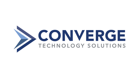 Logo for Converge Technology Solutions, featuring a dark blue arrow icon next to the company name in blue and gray text.