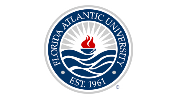 The circular blue logo of Florida Atlantic University featuring a torch over ocean waves and the text “EST. 1961.”