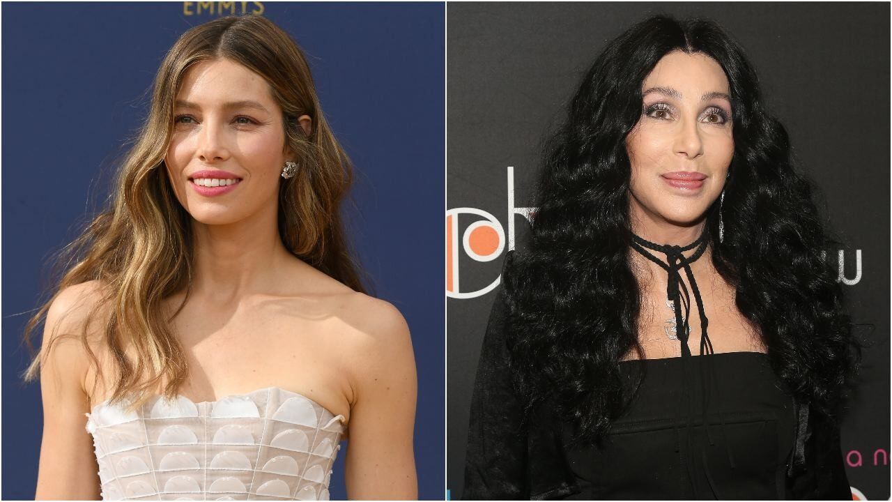 A side-by-side comparison photo of Jessica Biel on the left and Cher on the right, both appearing at red carpet events.