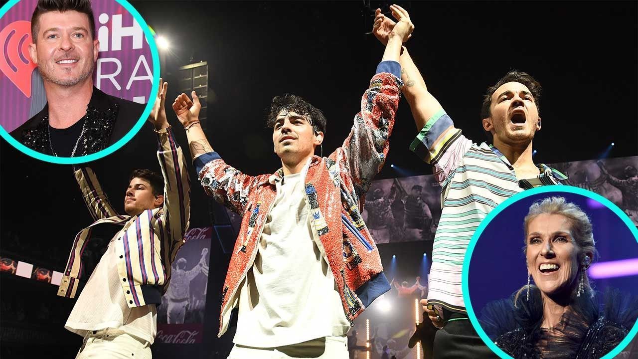 The Jonas Brothers perform on stage with inserts of Robin Thicke and Celine Dion at an iHeartRadio event.