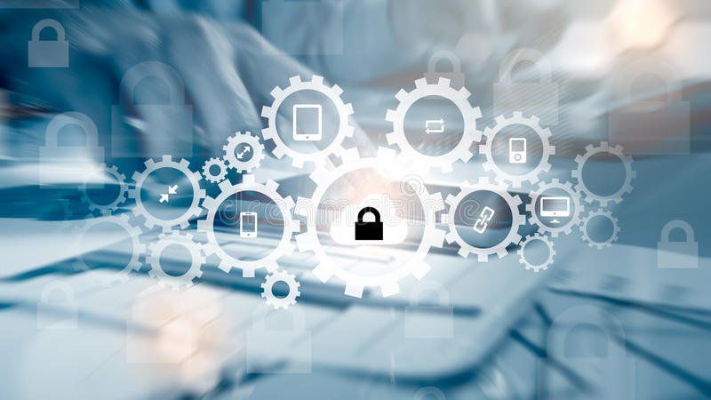 A person working on a laptop, overlaid with glowing, interconnected gears and lock icons representing digital security.