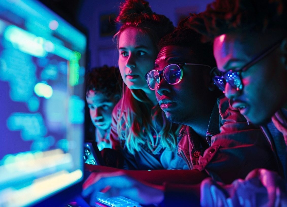 Four people focused intently on a computer screen in a dark room illuminated by vibrant blue and purple light.