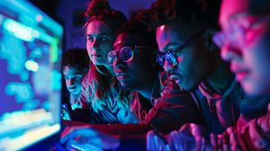 A group of people intently watches a glowing computer screen in a dimly lit room bathed in blue and magenta light.