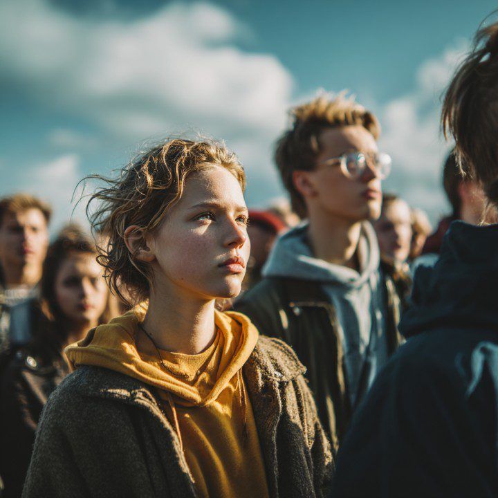 A crowd outdoors, focusing on a person in a yellow hoodie and textured jacket looking forward under a bright, cloudy sky.