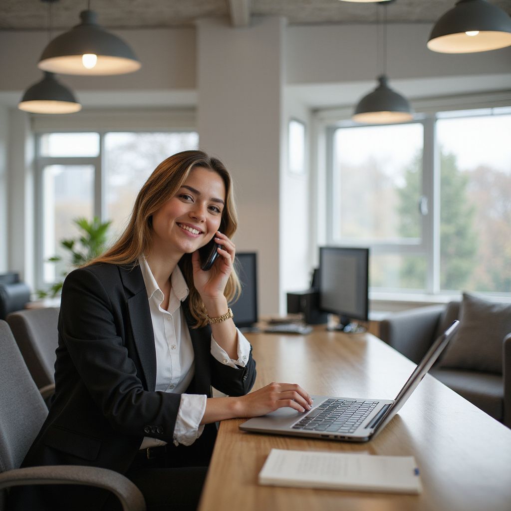 Woman in blazer smiling, on phone, typing on laptop at a desk in an office.
