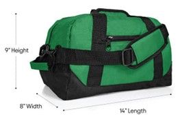 Green and black duffel bag with measurements: 9