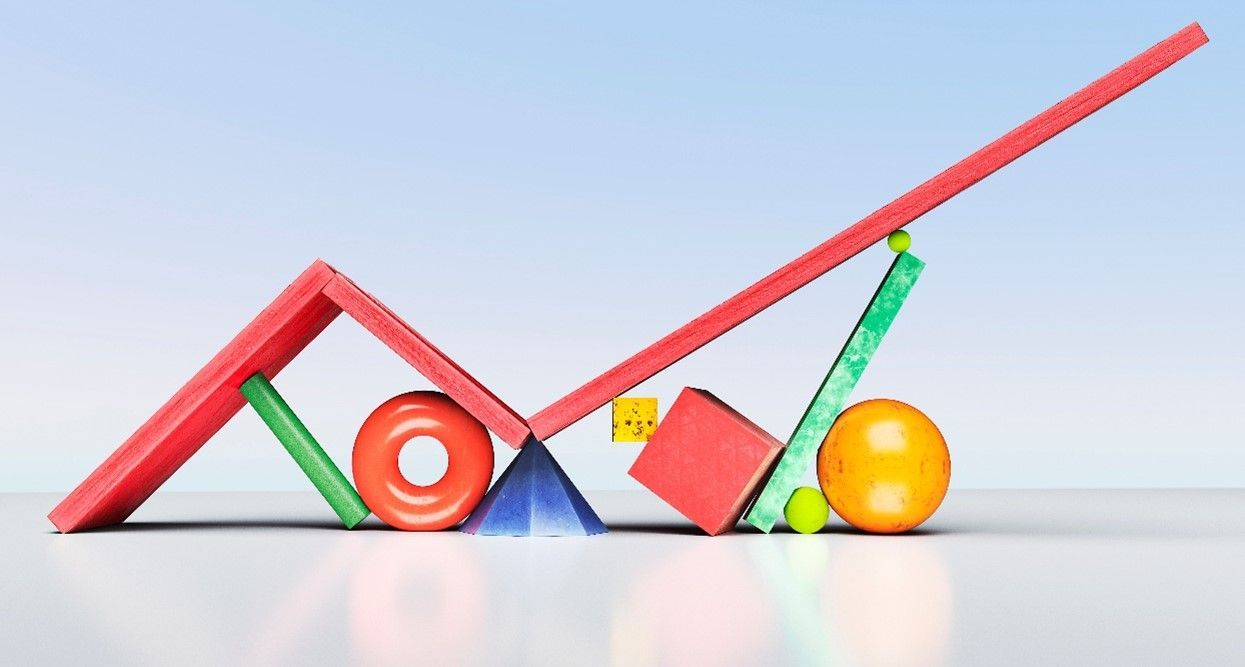 Red and green geometric shapes balancing a red beam on a light blue background.