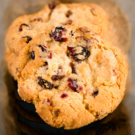 Close-up of three cranberry cookies, golden brown with dried cranberries.