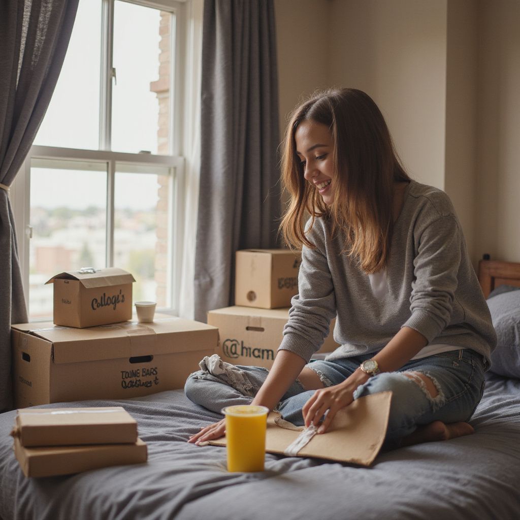 Woman packing boxes on a bed by a window, smiling. Cardboard boxes, a drink, and curtains are visible.