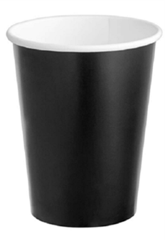 Black disposable paper cup with white rim.