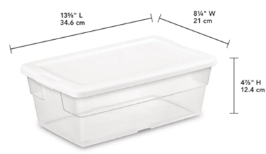 Clear plastic storage bin with lid; dimensions: 13¾