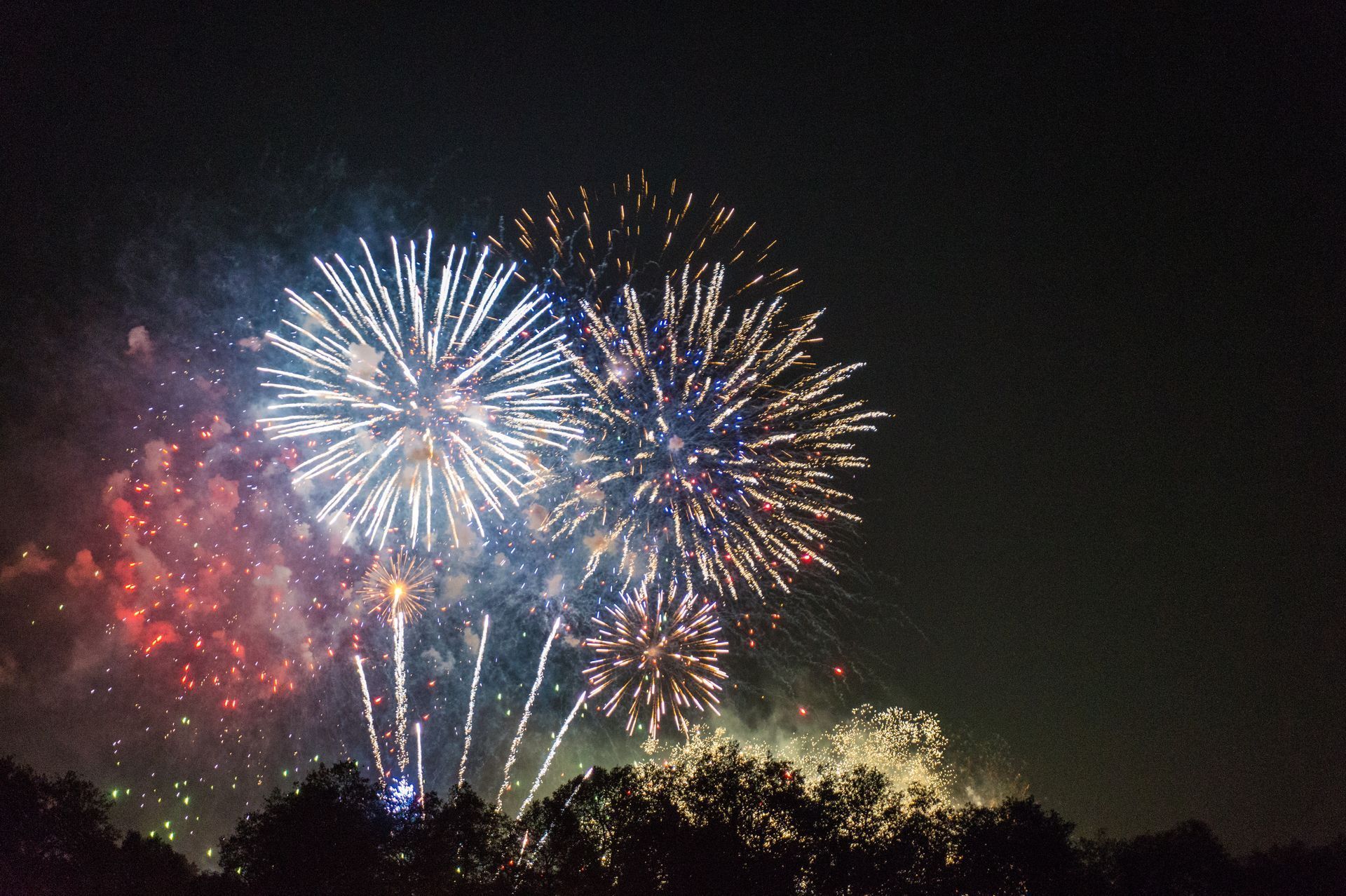 Vibrant fireworks display with colorful bursts of light against a dark night sky, trees silhouetted at the bottom.