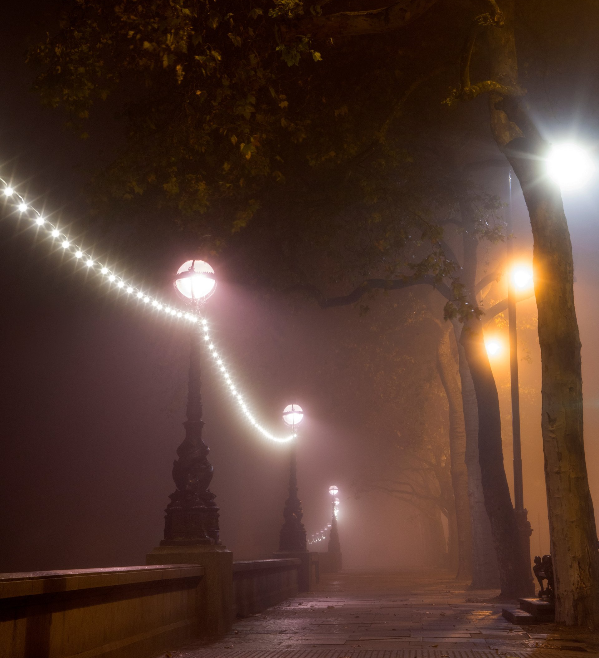 London in fog at night