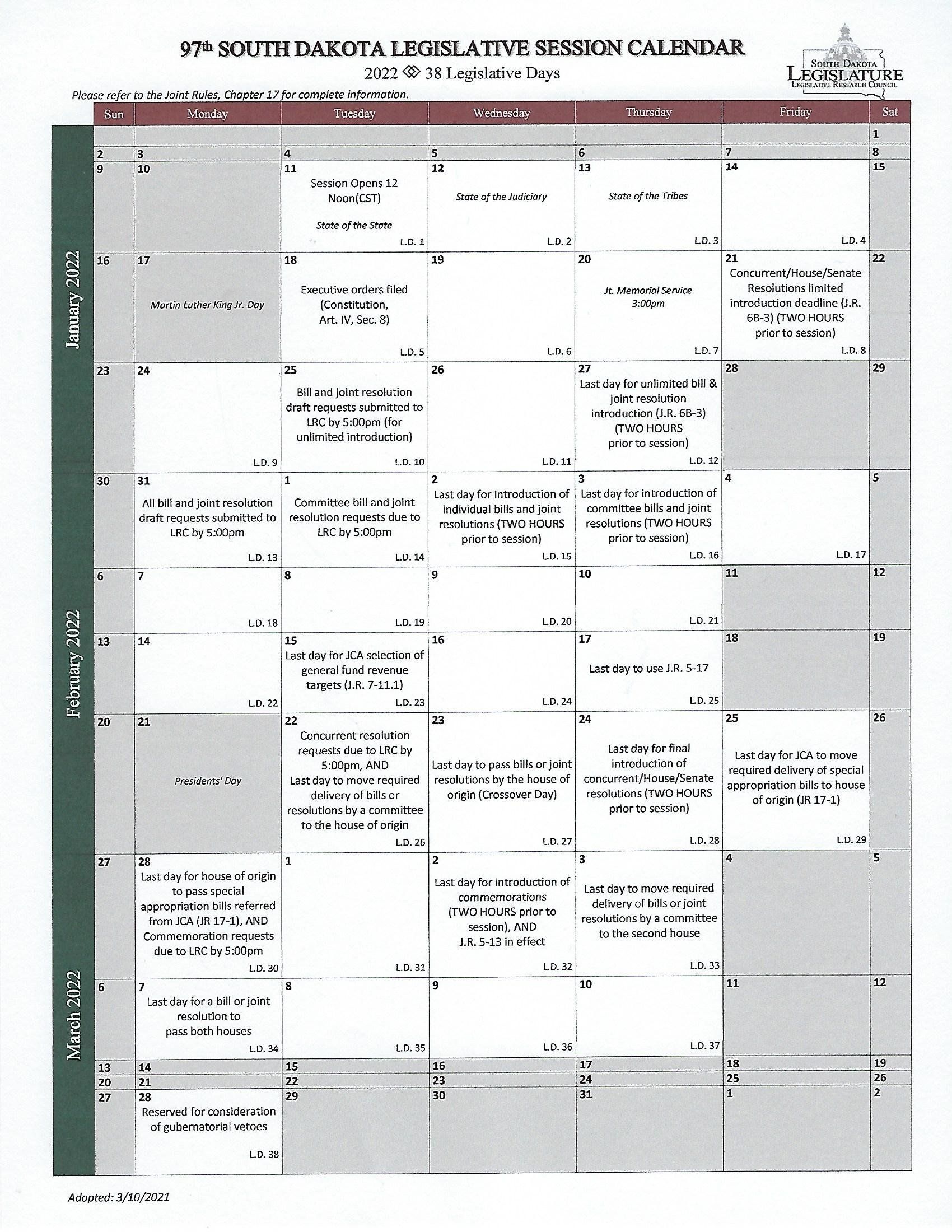 Legislative Calendar with on a sheet of paper with a lot of squares on it