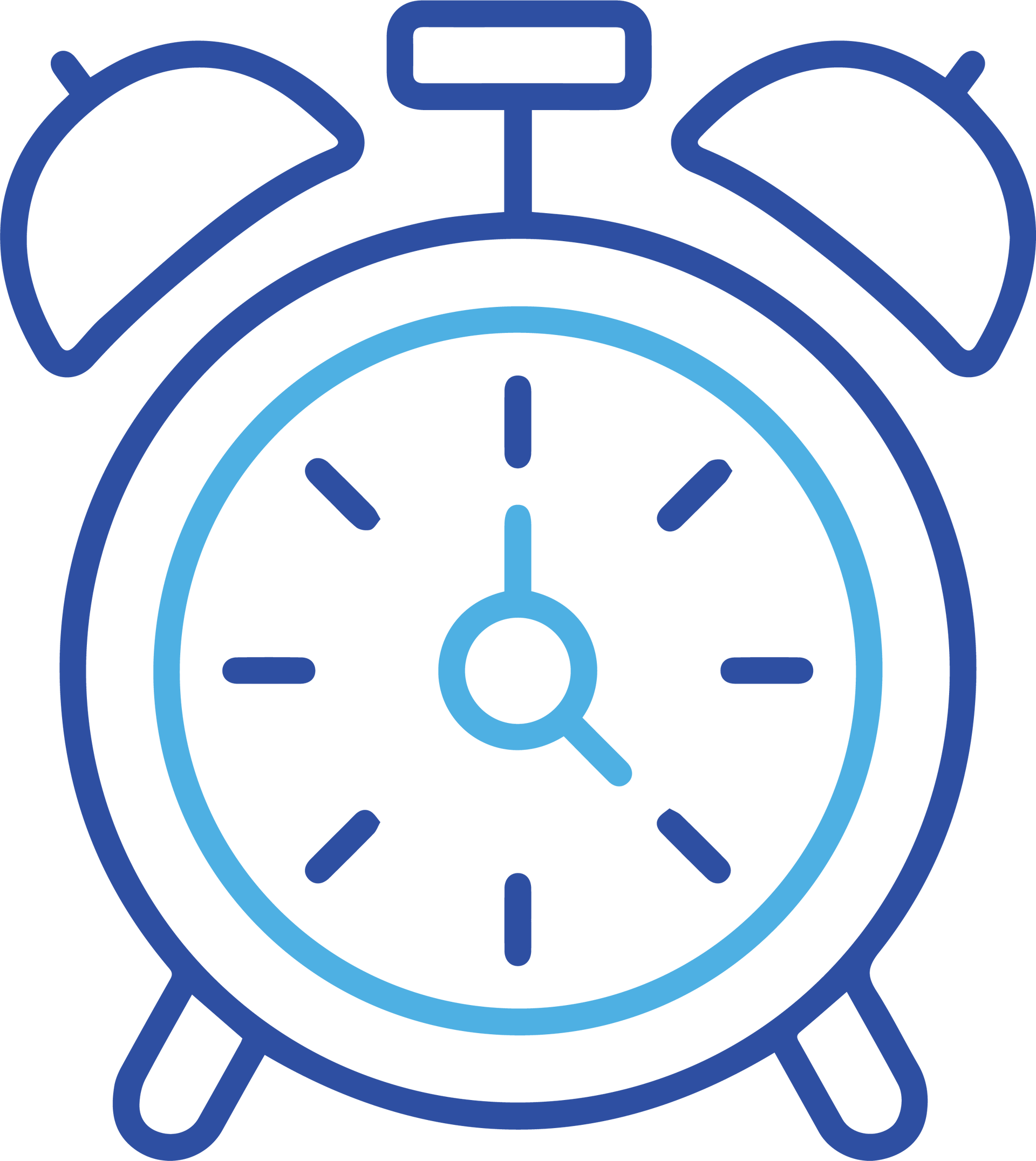 A blue line drawing of an alarm clock on a white background.