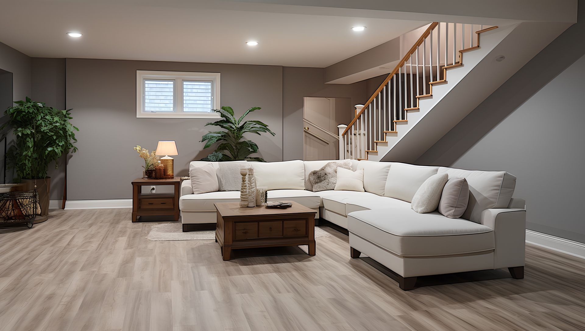 Luxury basement featuring a white sectional sofa and durable Gray-toned luxury vinyl flooring.