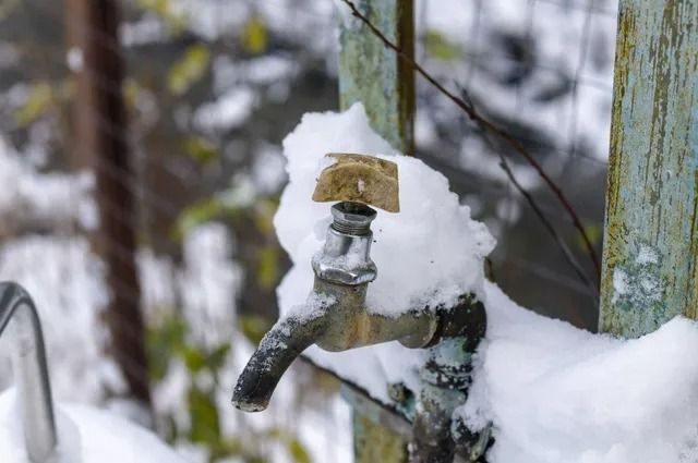 A close up of a faucet covered in snow.