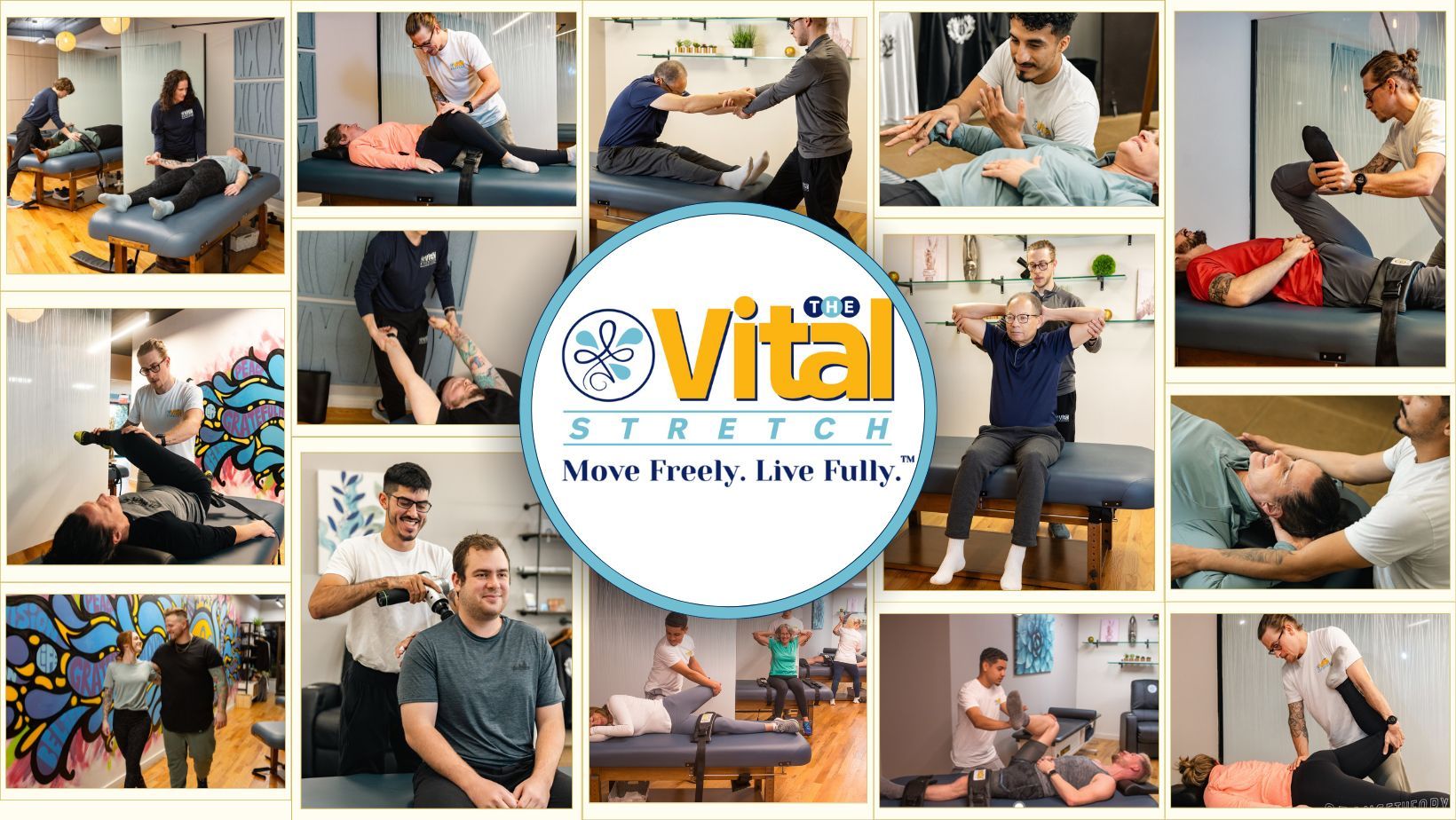 A collage of photos of people getting stretched in a gym.