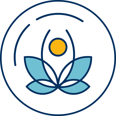 A blue lotus flower with a yellow sun in the middle in a circle.