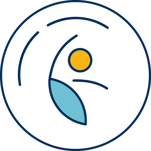 A blue and yellow icon of a person in a circle.