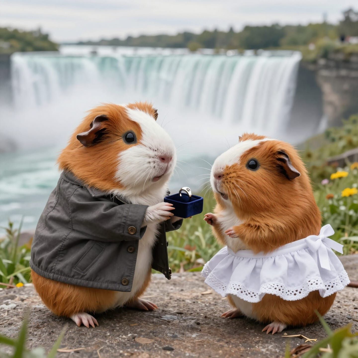 Lucky Proposing in front of Waterfall
