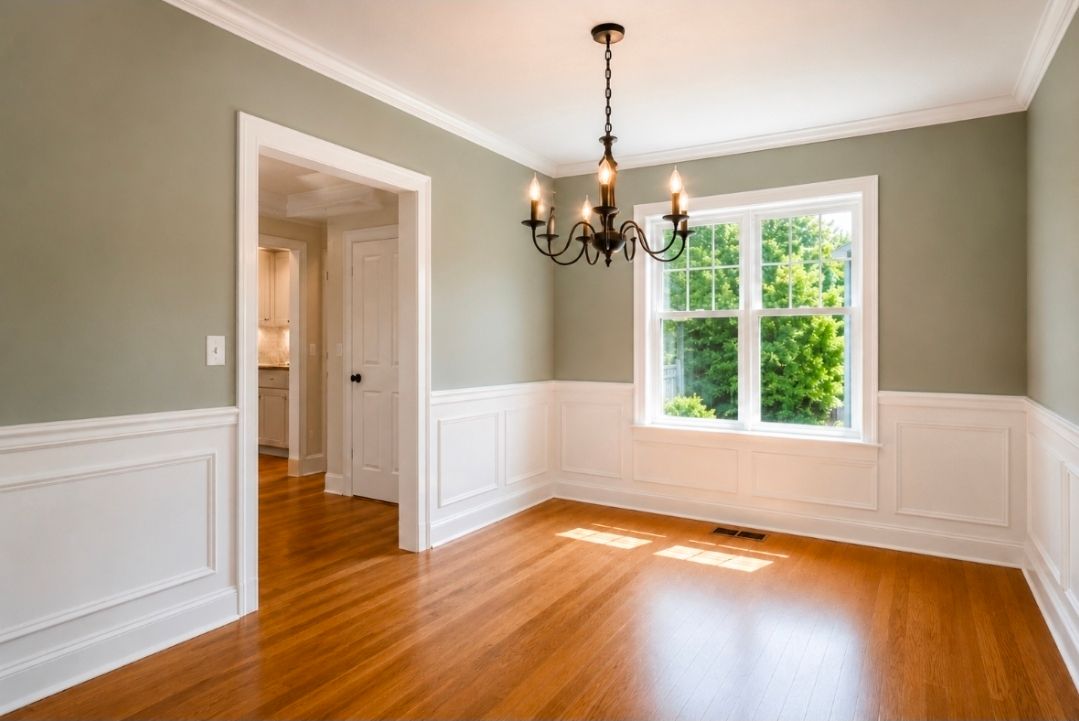Blue room with two windows, white trim, and a wall clock.