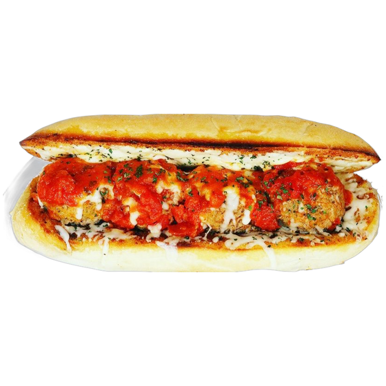 A meatball sub sandwich with tomato sauce and cheese on a bun.