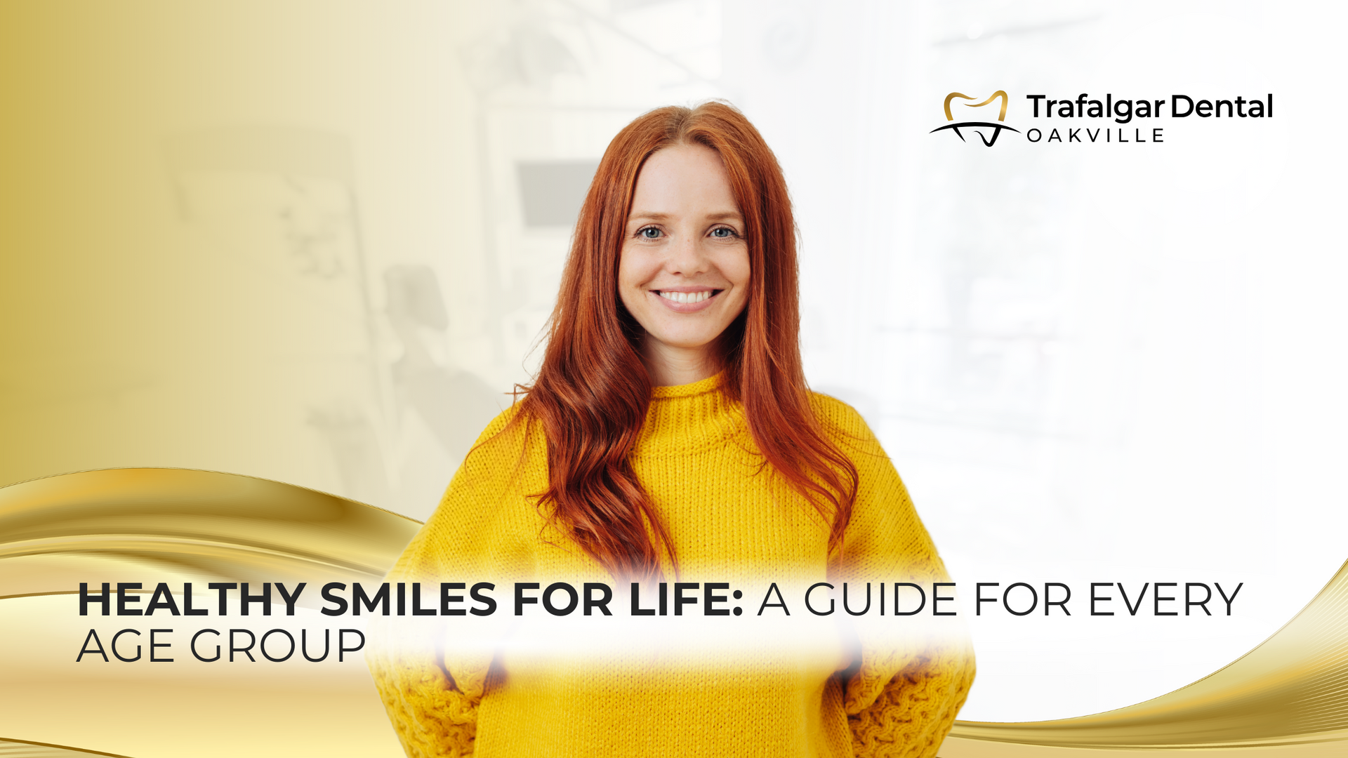 A woman with red hair is wearing a yellow sweater and smiling.