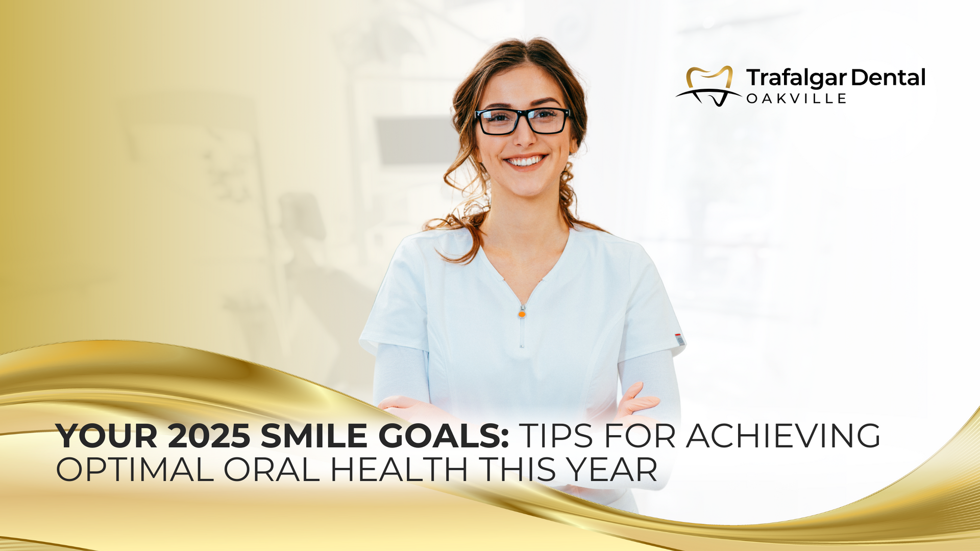 A woman in a dental office is smiling for the camera.