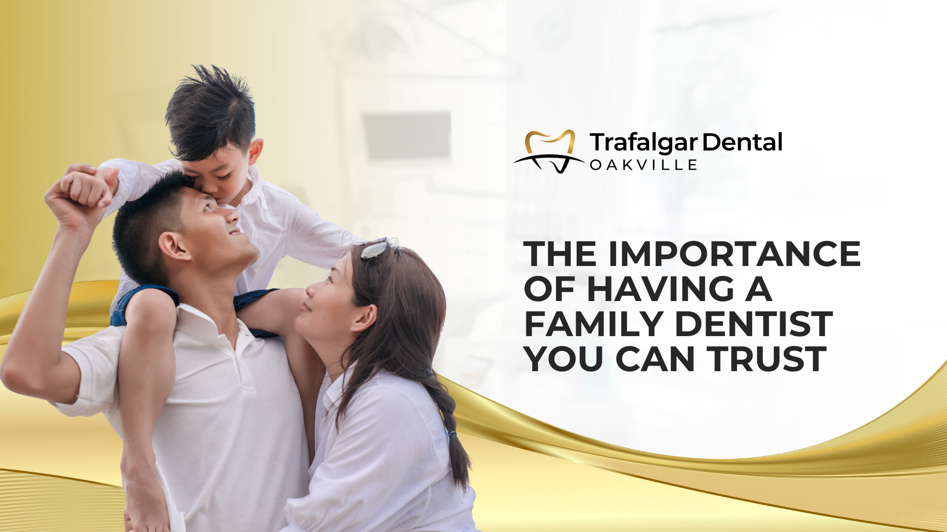 A family smiles. A child sits on the father’s shoulders. Text: 