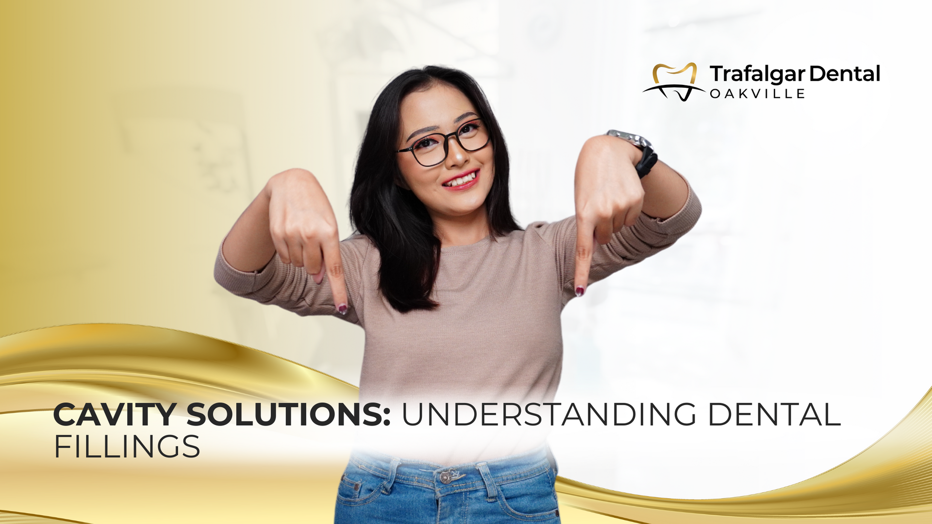 A woman wearing glasses is pointing at herself.