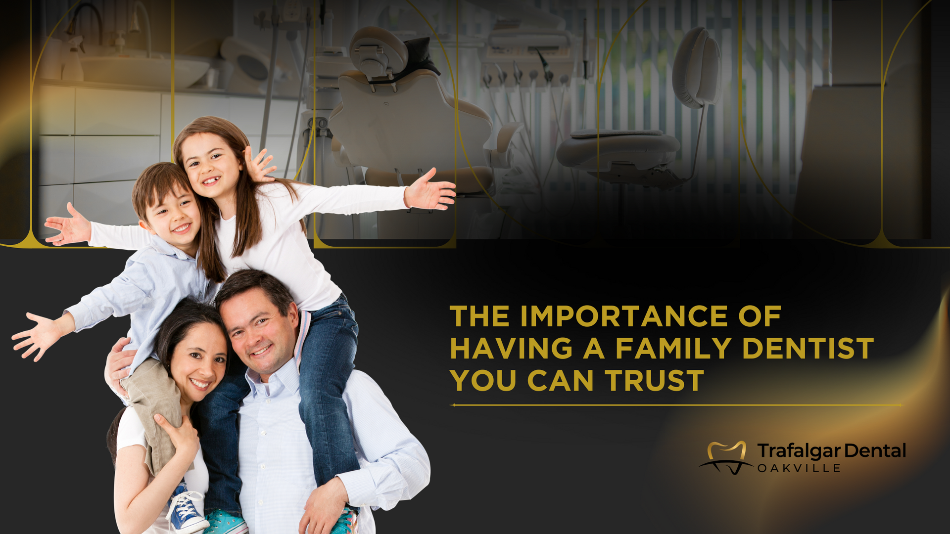 Family smiles, embracing, with dentist chair background. Text: